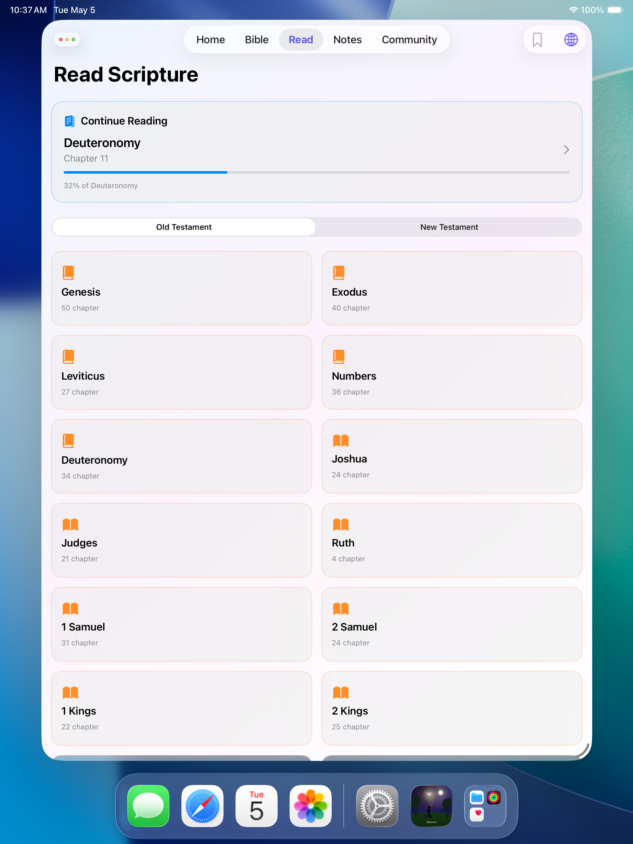 Athmana Read Scripture tab on iPad showing Continue Reading card for Deuteronomy Chapter 11 at 32 percent with Old Testament book grid